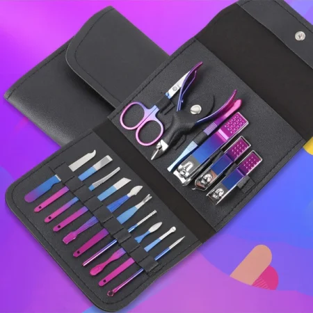 1pc Colorful Nail Clippers Set (16pcs), Household Manicure Kit With Beauty & Nail Clippers, Nail Scissors,Bag,Organizer,Storage Black