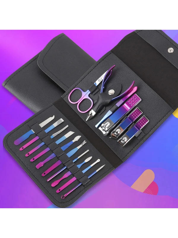 1pc Colorful Nail Clippers Set (16pcs), Household Manicure Kit With Beauty & Nail Clippers, Nail Scissors,Bag,Organizer,Storage Black