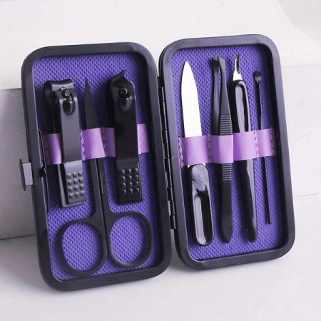 7pcs/set Manicure Tool Set With Stainless Steel Nail Clippers, Cuticle Remover, Nail File In Storage Case Purple