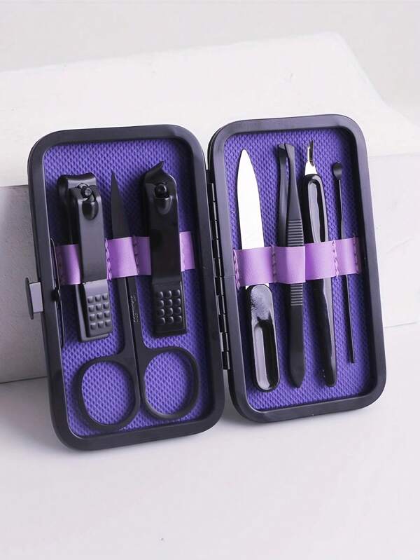 7pcs/set Manicure Tool Set With Stainless Steel Nail Clippers, Cuticle Remover, Nail File In Storage Case Purple