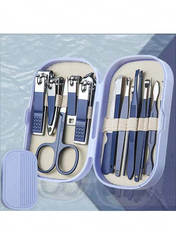 Manicure & Pedicure Tool Set, 14pcs Stainless Steel Nail Clippers Kit With Plastic Storage Case, Blue Blue