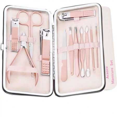 Nail Clippers And Beauty Tool Portable Set, Rose Gold Martensitic Stainless Steel Manicure Set 12 In 1, With Pink Leather Bag, Suitable For Home, Workplace, Outdoor Travel, Gift Giving, Salon. Pink