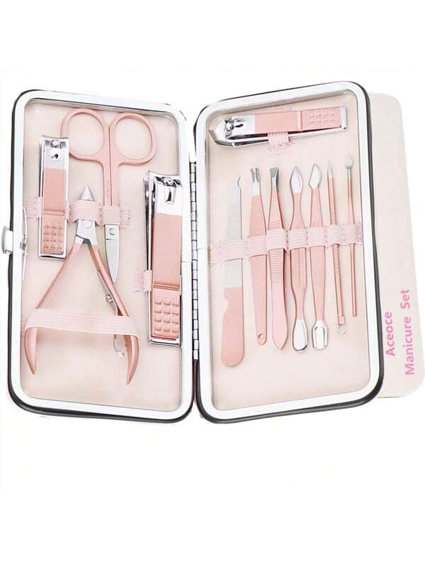 Nail Clippers And Beauty Tool Portable Set, Rose Gold Martensitic Stainless Steel Manicure Set 12 In 1, With Pink Leather Bag, Suitable For Home, Workplace, Outdoor Travel, Gift Giving, Salon. Pink