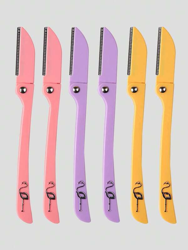 6pcs Stainless Steel Eyebrow & Facial Hair Removal Folding Razors With Patterned Handle, Portable Grooming Tool Set Multicolor