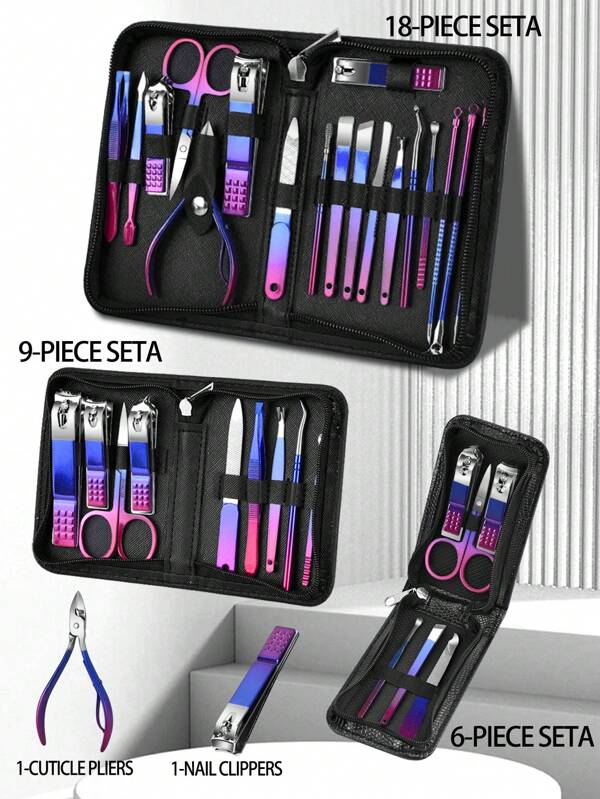 18/9/6pcs Nail Clipper Set, Stainless Steel Nail Care Tools, Nail Scissor Kit, Business Zipper Pouch Multicolor