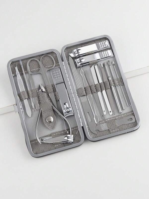 19pcs Stainless Steel Nail Clipper Set, Silver Grey