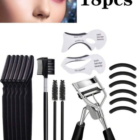 18 Pieces Of Eye Aid Kit, Stainless Steel Safe Beginner's Professional Eyebrow Trimmer Professional Hair Removal Tool, Disposable Solid Rod Eyelash Brush Nylon Hair Hollow Rod Eyelash Curling Eyelash Makeup Brush, Eyeliner Drawing Aid Eyeliner Eyeliner Clip Eyelash Card Smoked Eye Template, Portable Multi-Function Double Head Eyebrow Trimming Eyebrow Combing Brush Eyelash Special Comb Beauty Tool Black