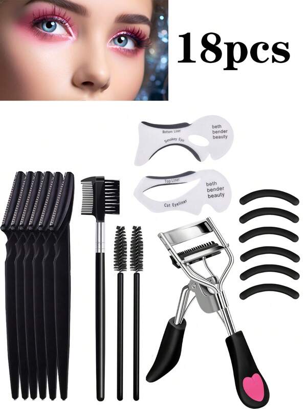 18 Pieces Of Eye Aid Kit, Stainless Steel Safe Beginner's Professional Eyebrow Trimmer Professional Hair Removal Tool, Disposable Solid Rod Eyelash Brush Nylon Hair Hollow Rod Eyelash Curling Eyelash Makeup Brush, Eyeliner Drawing Aid Eyeliner Eyeliner Clip Eyelash Card Smoked Eye Template, Portable Multi-Function Double Head Eyebrow Trimming Eyebrow Combing Brush Eyelash Special Comb Beauty Tool Black